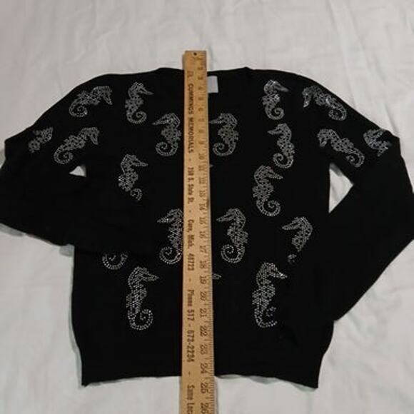 LIV Milano Small Black Long-Sleeved Metallic Seahorse Embellishment Sweater - Picture 9 of 10